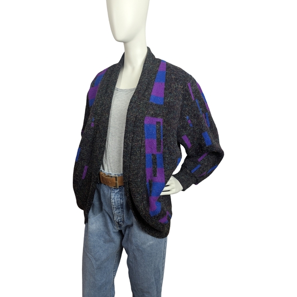 Meilai Sweaters - Vintage 80s Abstract Metallic Cardigan Sweater – Purple & Cobalt – Size L